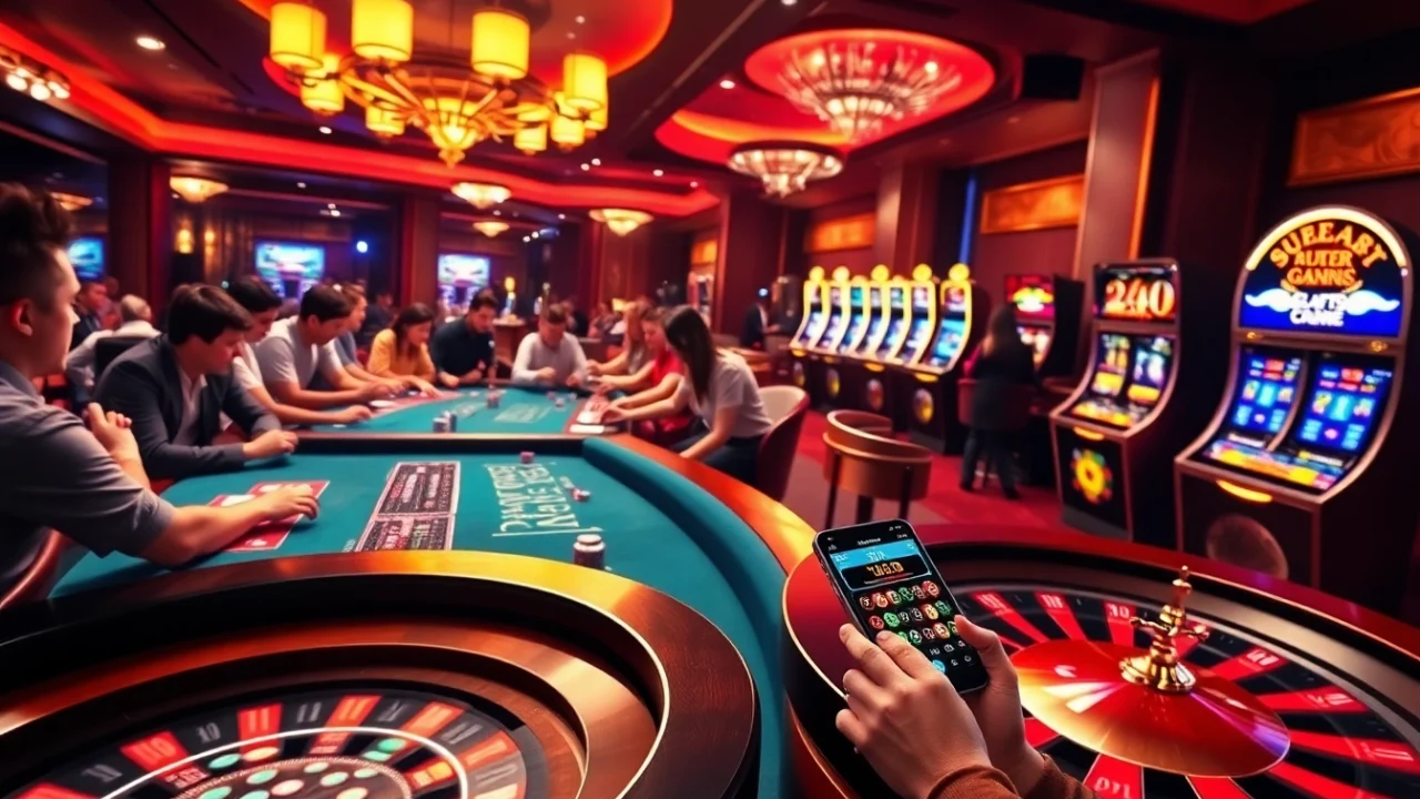 Players enjoying Sunwin with vibrant poker tables and exciting slot machines in a luxurious casino setting.