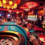 Players enjoying Sunwin with vibrant poker tables and exciting slot machines in a luxurious casino setting.