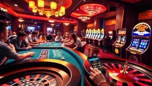 Players enjoying Sunwin with vibrant poker tables and exciting slot machines in a luxurious casino setting.
