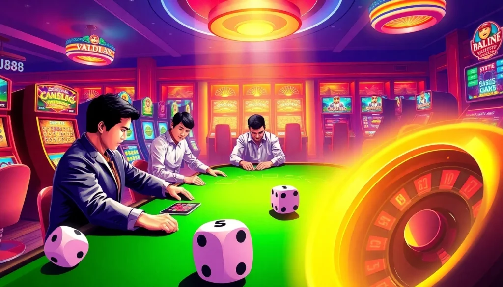 Experience the excitement of BJ88 at a luxurious casino featuring poker, roulette, and slot machines.