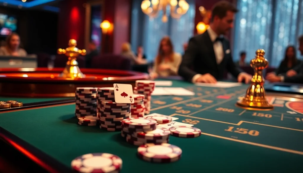 Engaging gameplay at Rikvip casino with vibrant poker chips and cards on a stylish table.