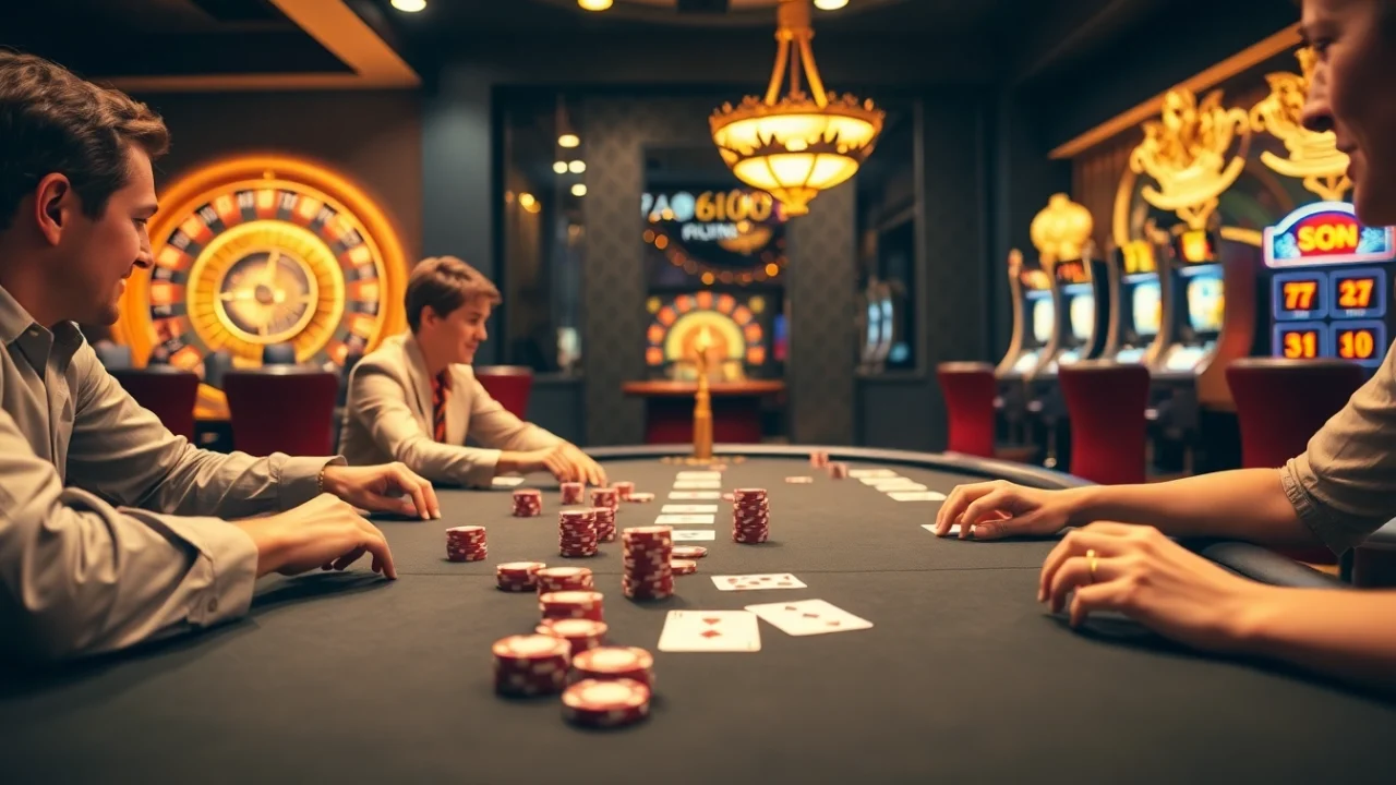 Players engaged in a thrilling poker game at a luxury casino, reflecting https://99wina.org/ excitement and atmosphere.