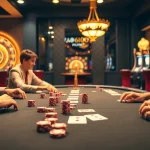 Players engaged in a thrilling poker game at a luxury casino, reflecting https://99wina.org/ excitement and atmosphere.