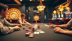 Players engaged in a thrilling poker game at a luxury casino, reflecting https://99wina.org/ excitement and atmosphere.