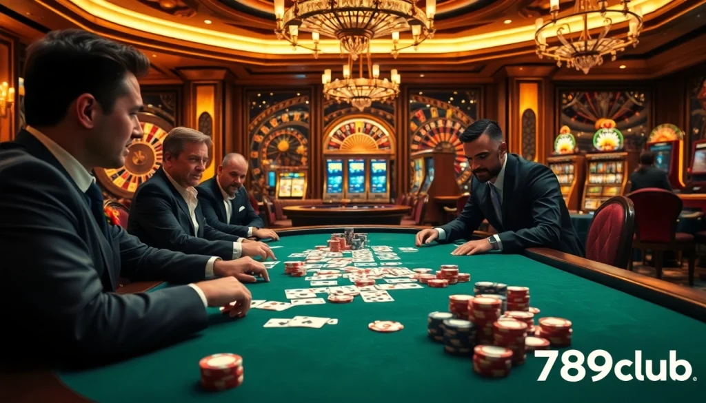 Exciting poker game at 789club with vibrant chips and intense players in an elegant casino setting.