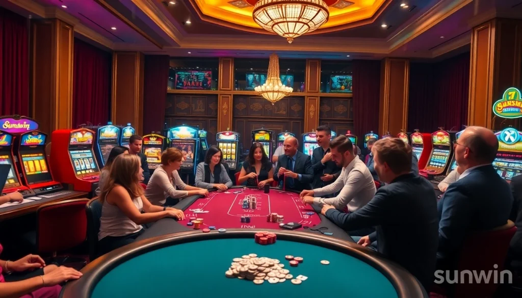 Play exciting games at sunwin casino with vibrant poker tables and illuminated slot machines.