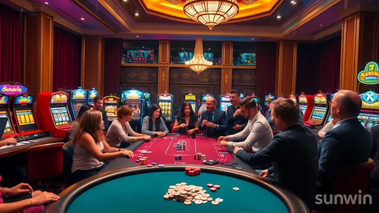 Play exciting games at sunwin casino with vibrant poker tables and illuminated slot machines.
