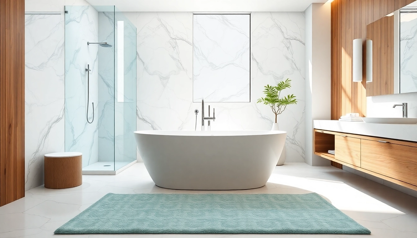 Modern bathroom remodeling near me showcasing a freestanding tub and sleek marble tiles.