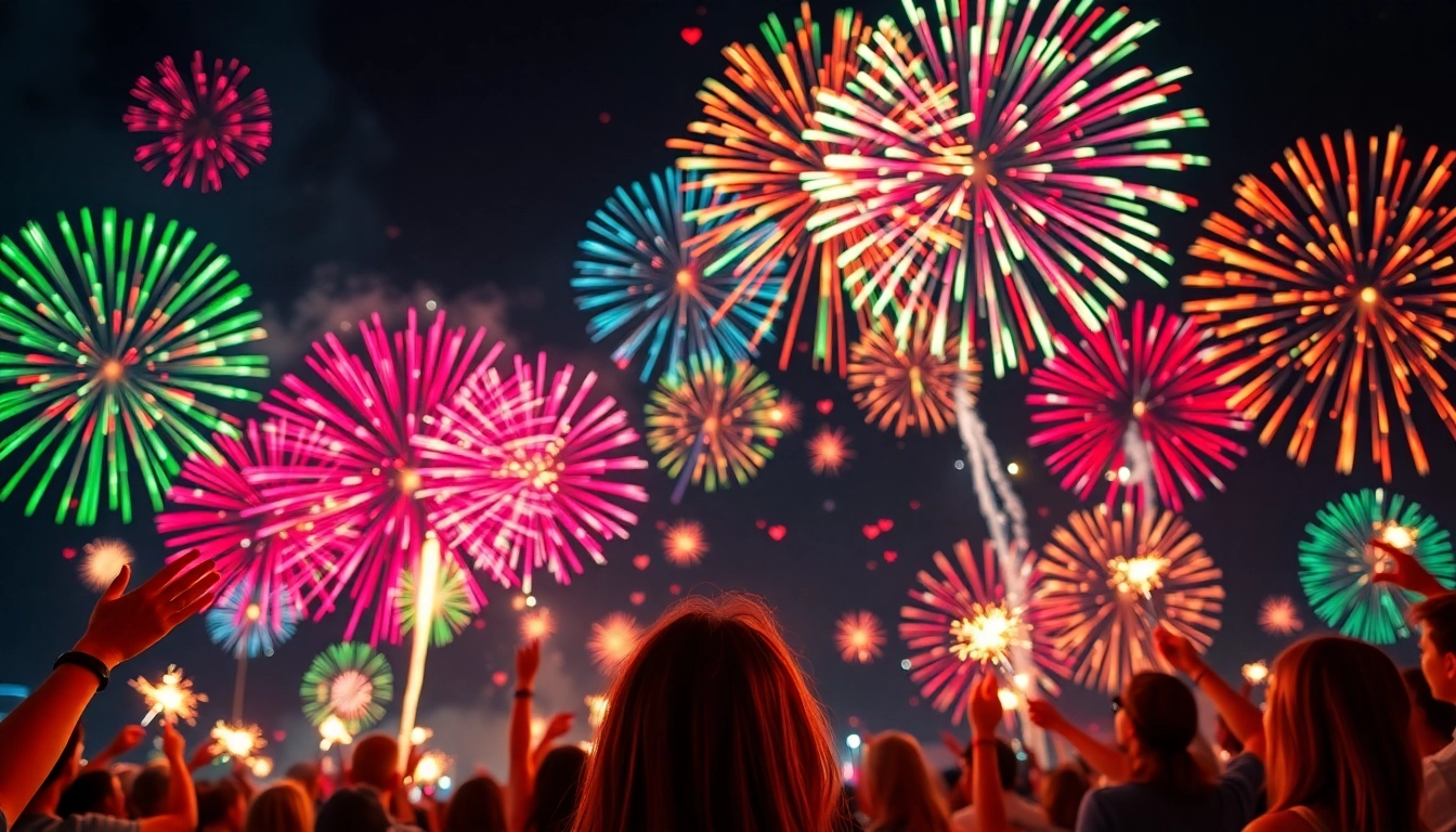 Experience fireworks for sale lighting up the night sky over an excited crowd.