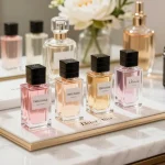 Dior Rouge Trafalgar perfume samples elegantly showcased on marble countertop with floral accents.