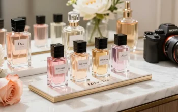 Dior Rouge Trafalgar perfume samples elegantly showcased on marble countertop with floral accents.