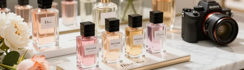 Dior Rouge Trafalgar perfume samples elegantly showcased on marble countertop with floral accents.