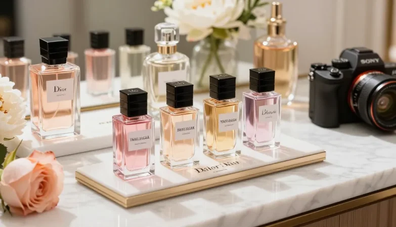 Dior Rouge Trafalgar perfume samples elegantly showcased on marble countertop with floral accents.
